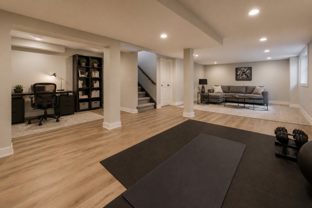 Modern open-concept basement finishing featuring a gym, office nook, and lounge area with recessed lighting.