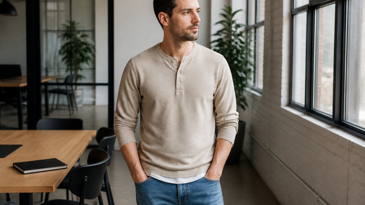 Professional wearing a neutral-colored Henley shirt and relaxed-fit jeans, styled with layered basics in minimalist aesthetic, standing in natural office lighting