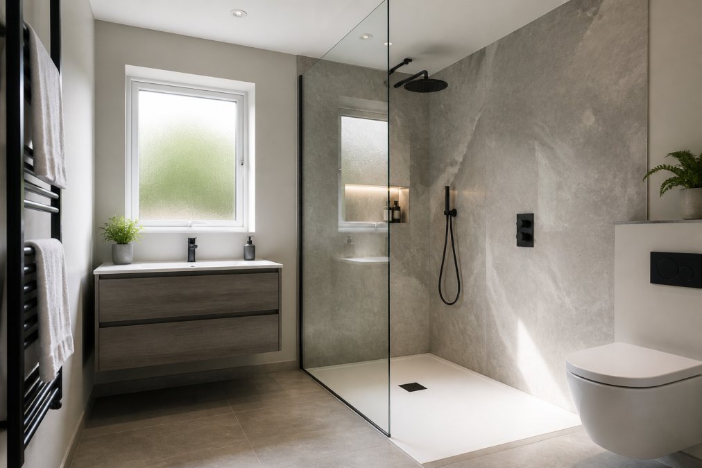 A bright, contemporary UK bathroom featuring a large walk-in shower with a frameless glass screen, natural stone-effect wall panels, and a wall-hung vanity unit. Soft daylight streams through a frosted window, with a heated towel rail warming fluffy white towels on the wall