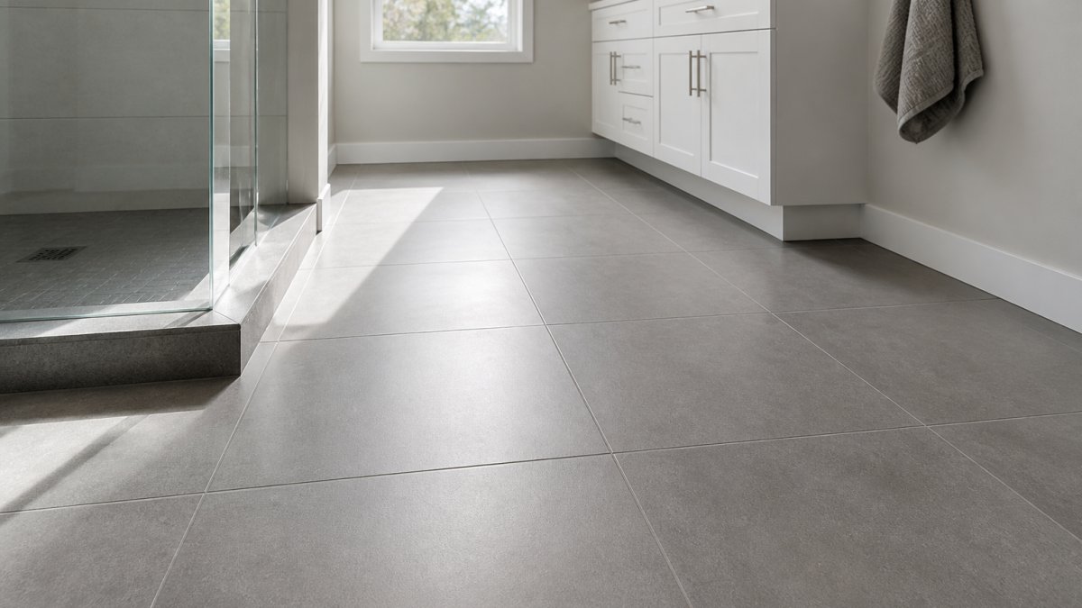 Modern bathroom featuring large-format matte gray porcelain floor tiles with subtle texture, natural light from window highlighting the tile surface and grout lines, minimalist white vanity in background