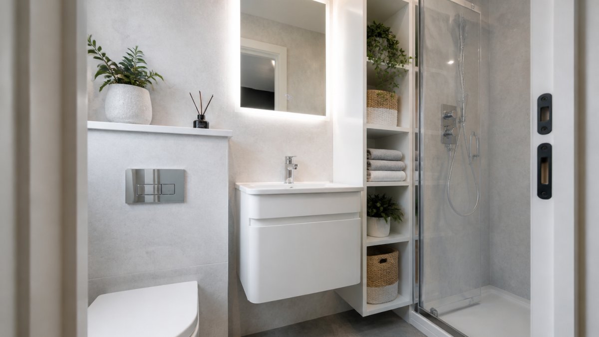 Compact bathroom with a white wall-hung vanity and light neutral panels for an open, minimalist look.