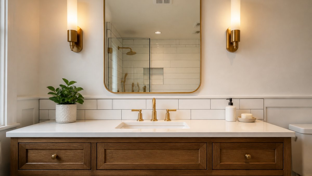 Warm brass sconces flank a bathroom vanity mirror to elevate modern bathroom lighting design with even illumination.