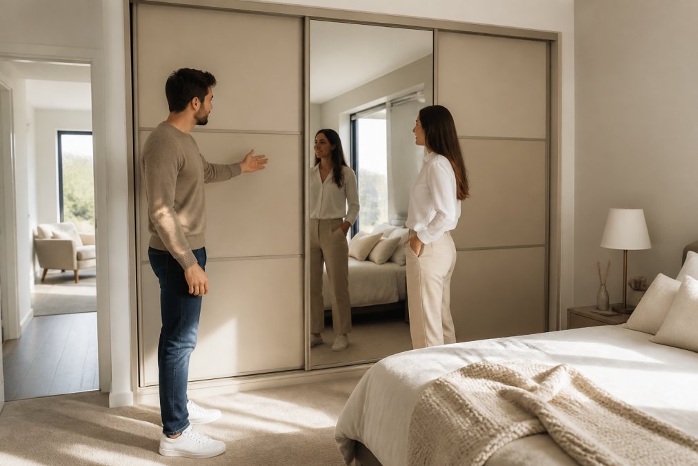Modern bedroom with fitted sliding wardrobe doors in soft neutral tones, featuring mirrored panels and minimal hardware, natural light streaming across the space from a window