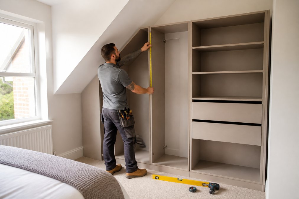 Professional carpenter installing a custom-fitted wardrobe into a bedroom corner with sloping ceiling, precision measuring tools visible, natural morning light streaming through window