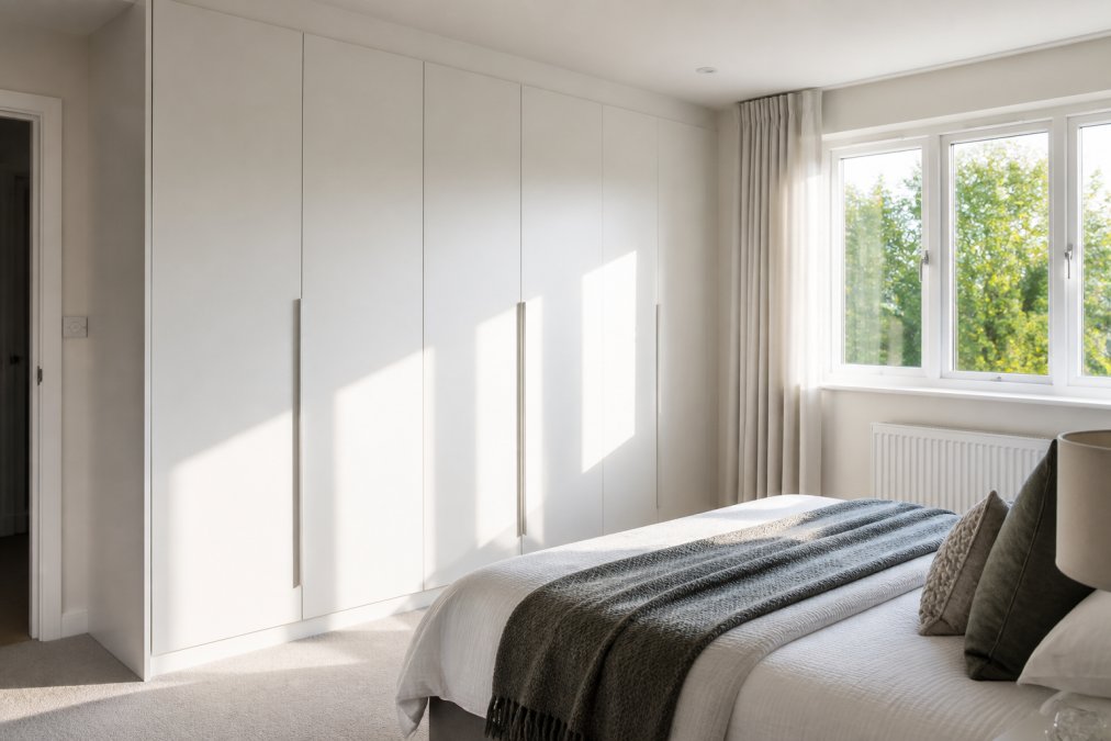 Modern bedroom featuring sleek wardrobe with matte white finish doors, natural daylight streaming through window highlighting minimalist design and clean architectural lines
