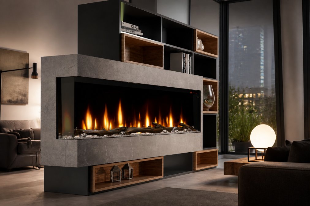 Luxurious modern living room with a wide linear electric fireplace as the focal point, featuring realistic dancing flames visible from multiple seating angles, contemporary furniture in neutral tones, ambient warm lighting casting reflections on surrounding walls
