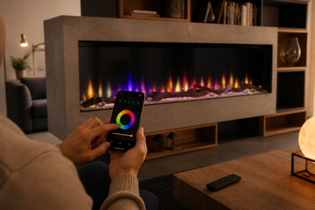 Close-up of hands holding smartphone displaying modern fireplace control app interface, with remote control visible on side table, fireplace screen showing adjustable multi-colored flame effects and temperature settings in background, warm ambient lighting