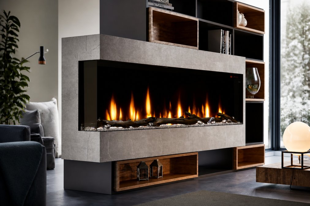 Modern living room featuring a sleek linear electric fireplace recessed into a minimalist wall frame with natural stone surround, warm ambient lighting casting shadows across the stone, and contemporary seating arranged around the focal point