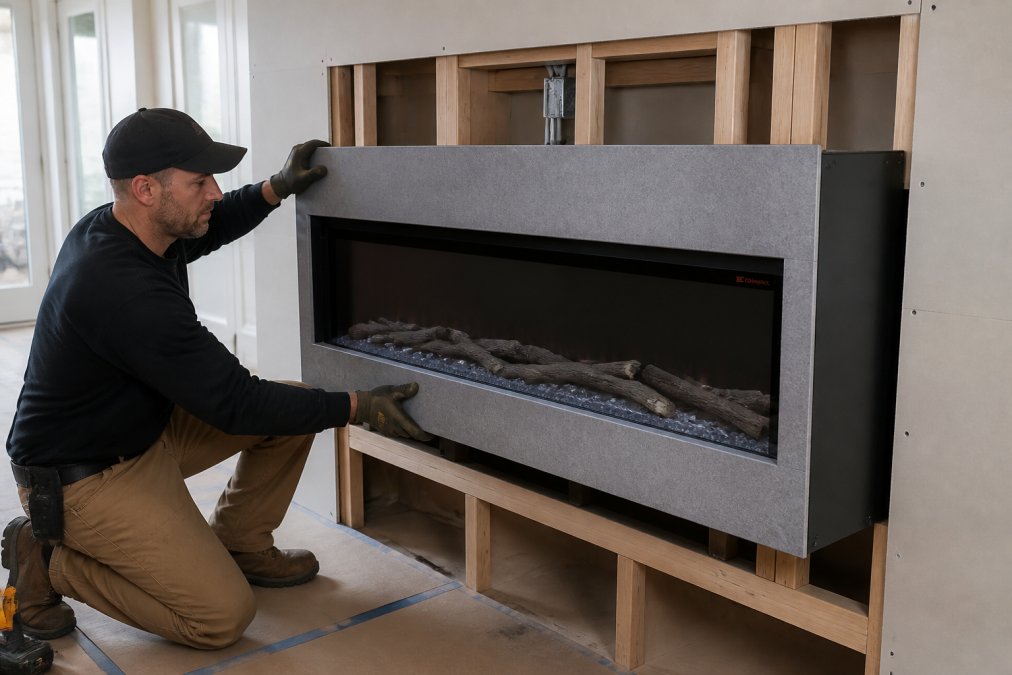 Professional installer in work gloves carefully mounting a built-in electric fireplace unit into a wall cavity, showing precise framing, electrical connections, and drywall cutouts in a residential living room