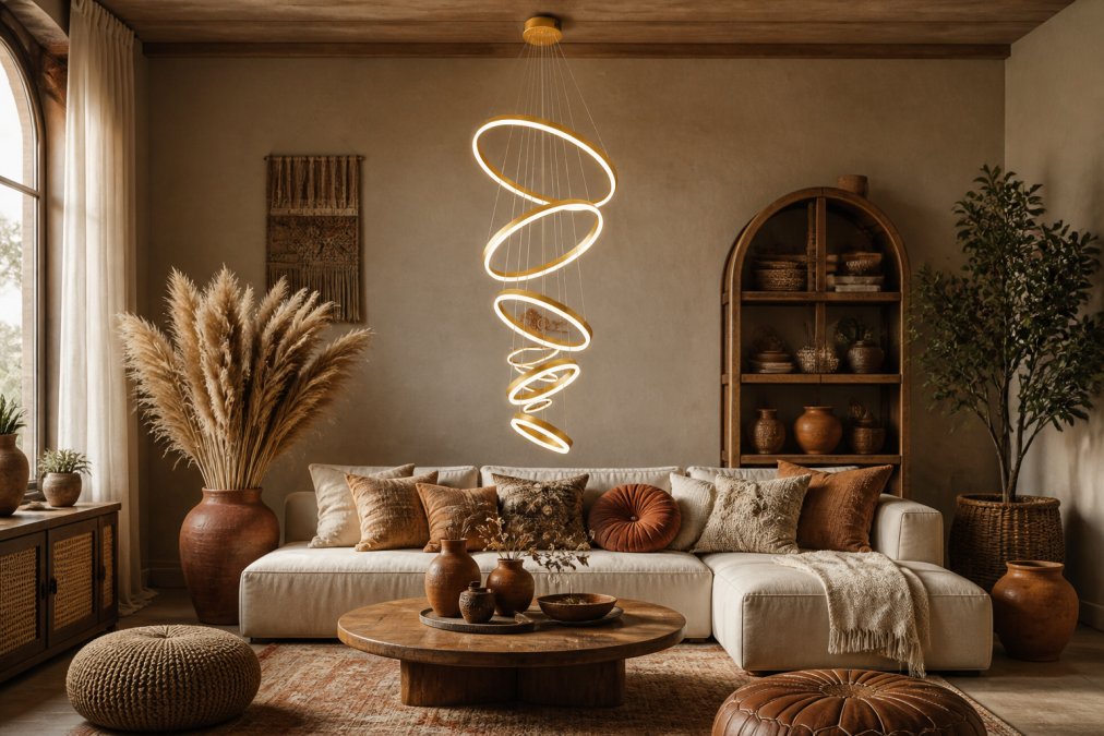 A warm, styled living room featuring an oversized woven rattan pendant light hanging above a low linen sofa, surrounded by layered textiles, dried pampas grass, and earthy ceramic accents in amber and terracotta tones
