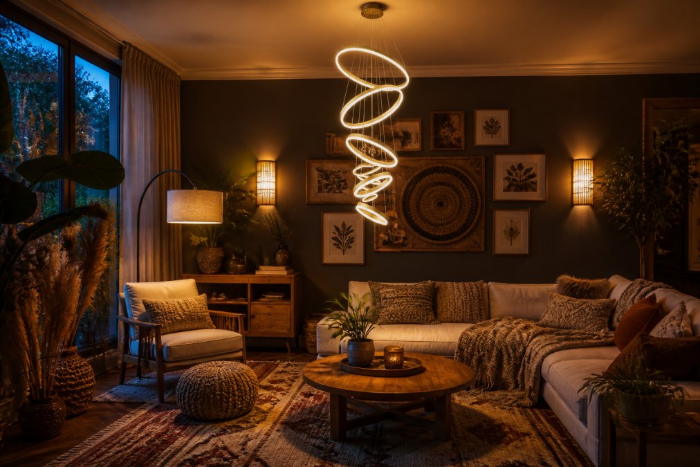 A cozy boho living room at dusk showing multiple light sources: a sculptural floor lamp arching over a reading chair, warm wall sconces flanking a gallery wall, and a dimmable chandelier overhead casting a soft golden glow across layered rugs and textured cushions
