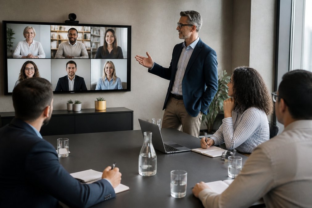 A confident business leader in smart attire facilitating a hybrid meeting, speaking to a video conference screen showing remote colleagues while in-person team members take notes around a modern boardroom table