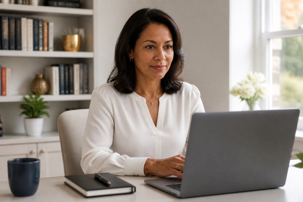A professional woman in a bright home office, looking at her laptop camera with a neutral background and soft natural lighting from a window