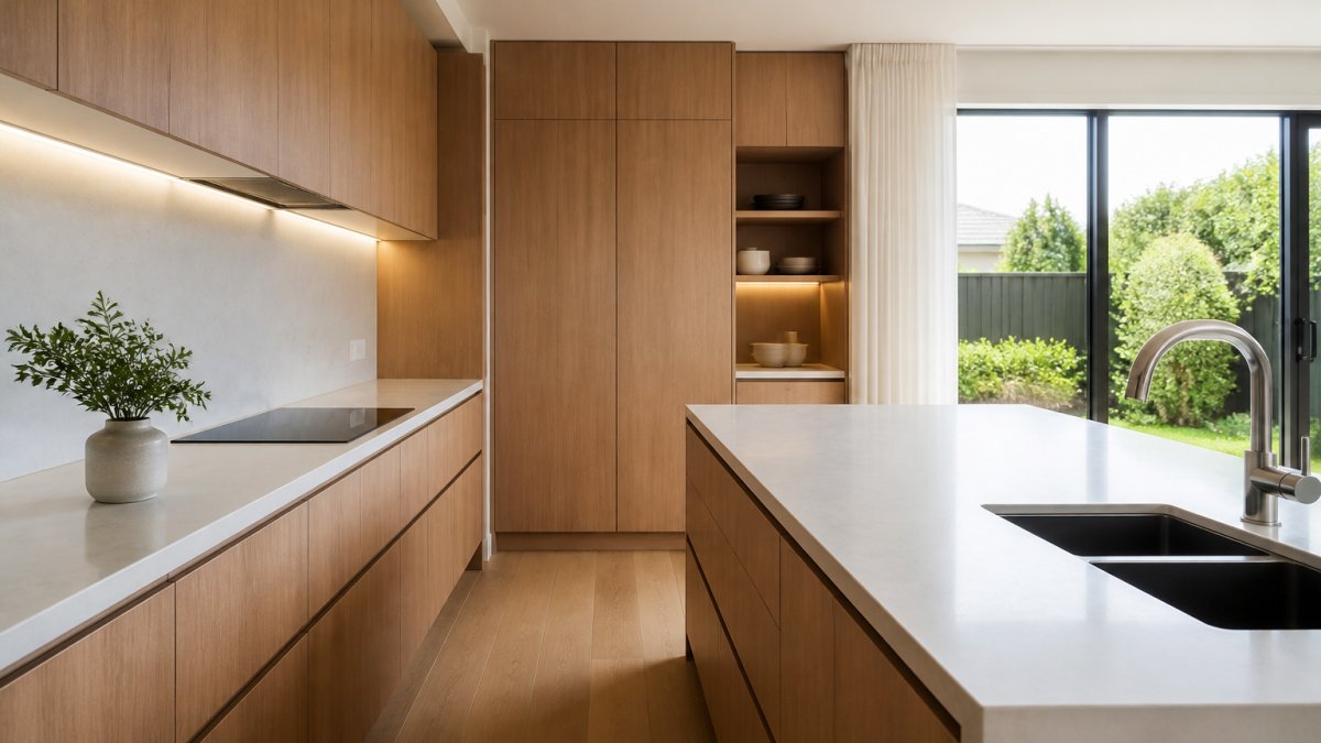 Modern kitchen featuring warm timber cabinetry design trends with sleek, handleless doors and a clear benchtop.
