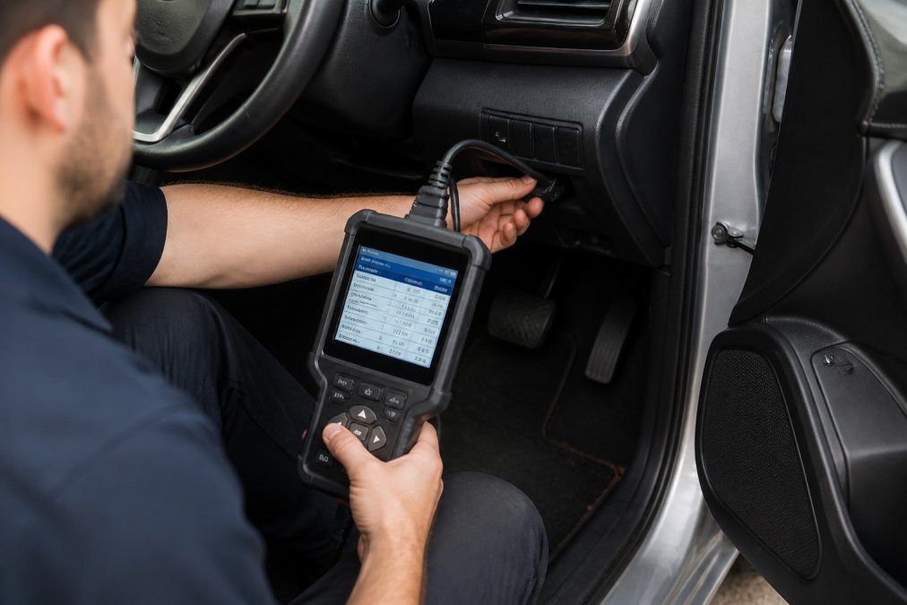 Professional mechanic connecting a modern diagnostic scanner to the OBD-II port under a vehicle's dashboard, with the scanner display clearly visible showing real-time engine data and fault codes