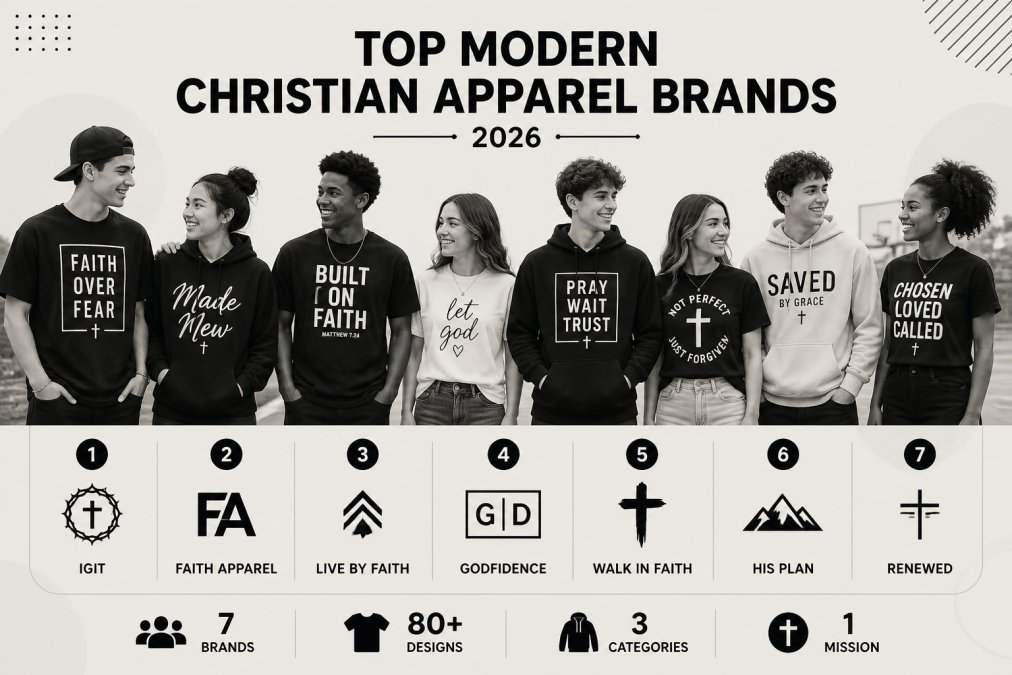 Diverse group of young adults and teenagers wearing contemporary Christian graphic tees and hoodies in casual outdoor setting, showing varied faith-inspired designs and modern aesthetic