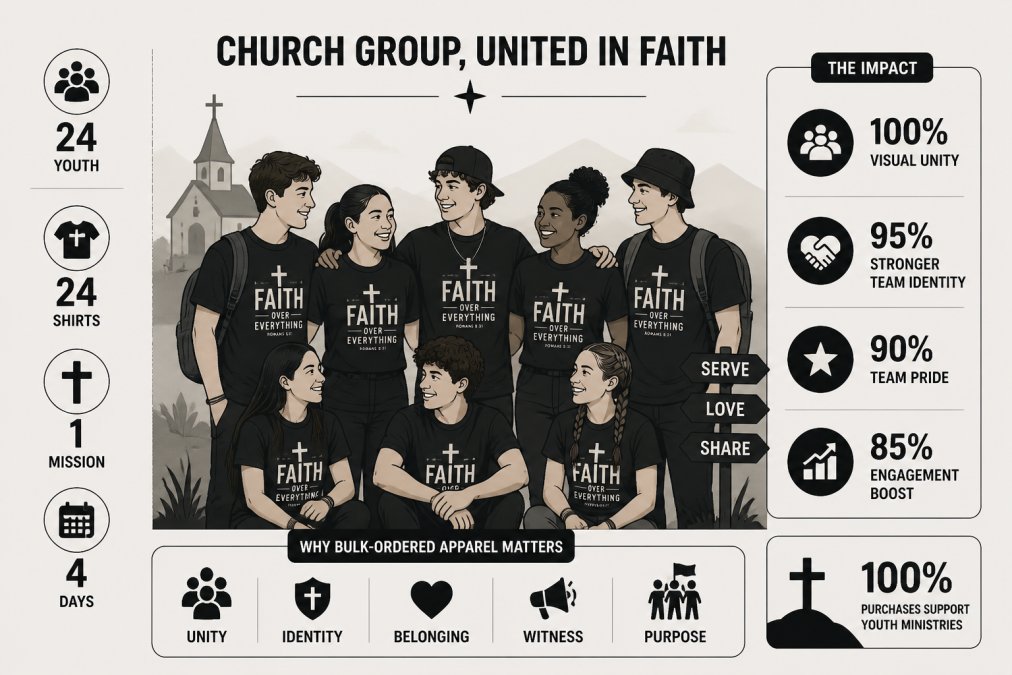 Youth group wearing coordinated Christian apparel at church event or mission trip, showing how bulk-ordered shirts create visual unity and strengthen team identity