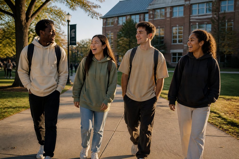 Young adults laughing while walking across a college campus in stylish christian apparel hoodies and tees.