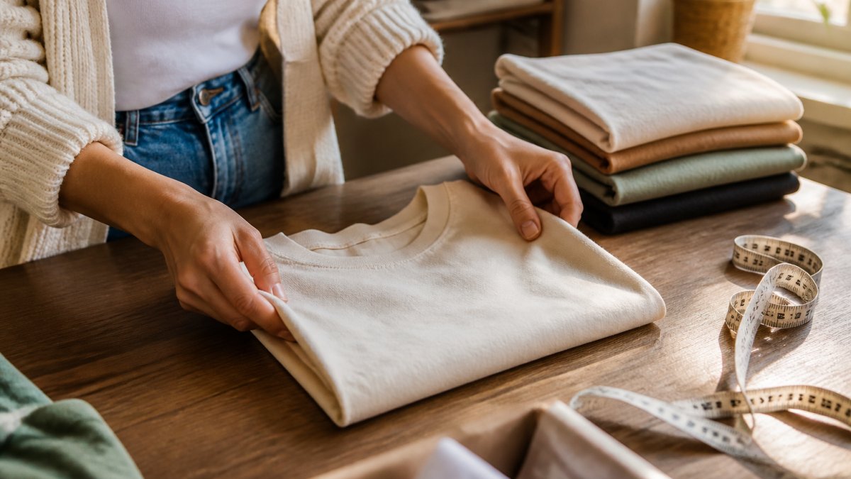 Step-by-step process of folding a soft cotton-blend graphic tee on a wooden table with a measuring tape