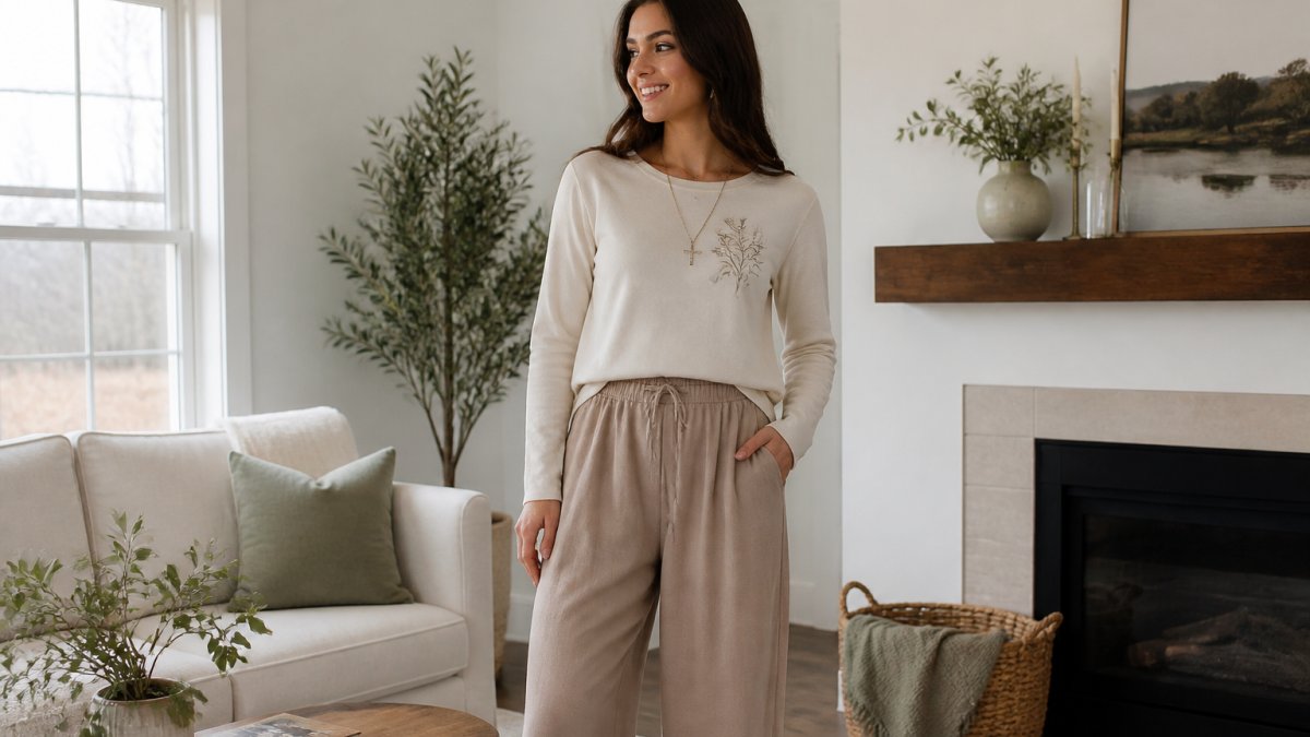 A young woman wearing a cream long-sleeve tee with a subtle scripture graphic, paired with loose-fitting beige trousers and a cross necklace, standing in a bright living room