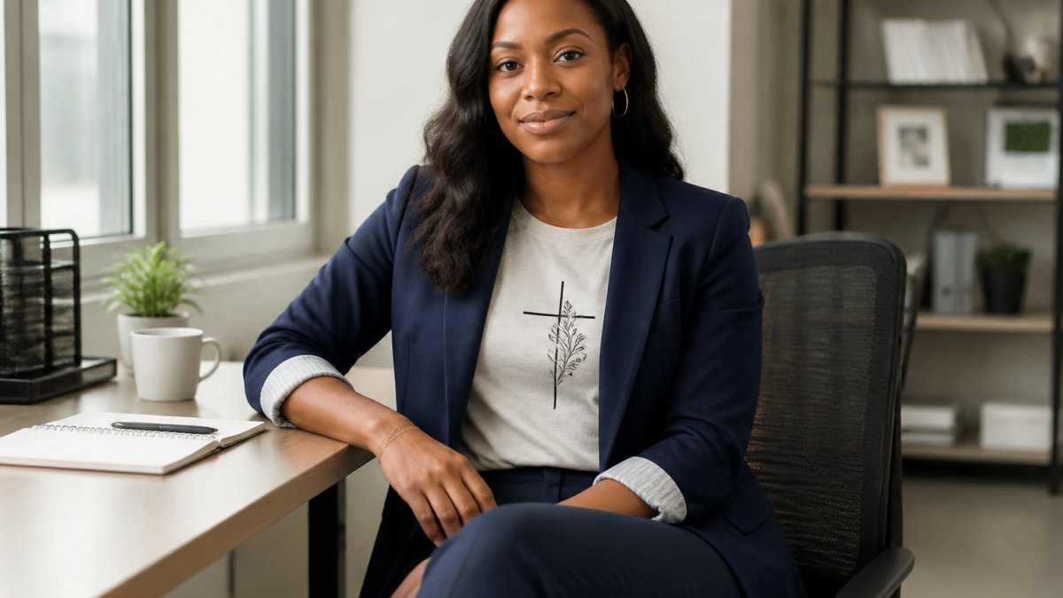 Professional woman in a navy blazer and graphic tee working at a desk in a modern office setting