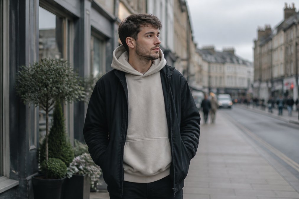 Young adult wearing a modern oversized hoodie and jacket as part of a stylish Christian clothing outfit.