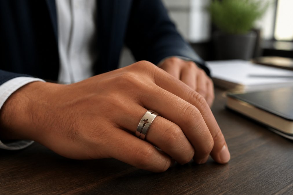 Close-up of a man's hand wearing a wide stainless steel ring with cross cutouts, resting on a dark wooden desk in a modern office, soft natural light