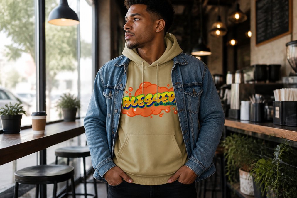 Young adult wearing oversized blessed hoodie in heather gray layered with a classic denim jacket and black jeans, styled for casual everyday wear in a bright urban coffee shop setting
