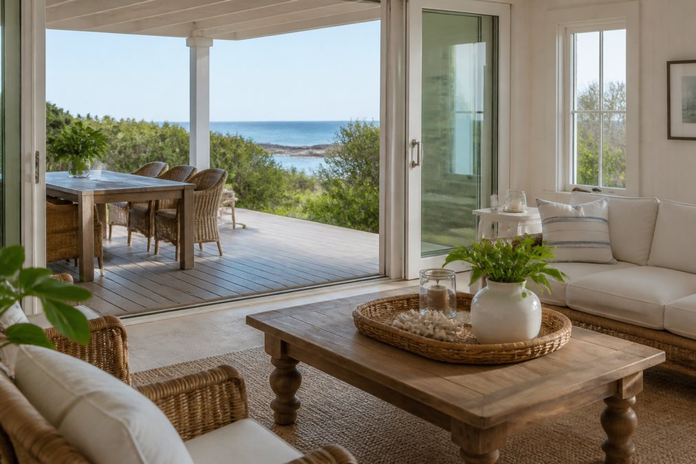 A sunlit coastal living room with open sliding glass doors leading to a shaded terrace, natural wood furniture, and a view of the ocean, showing indoor-outdoor flow