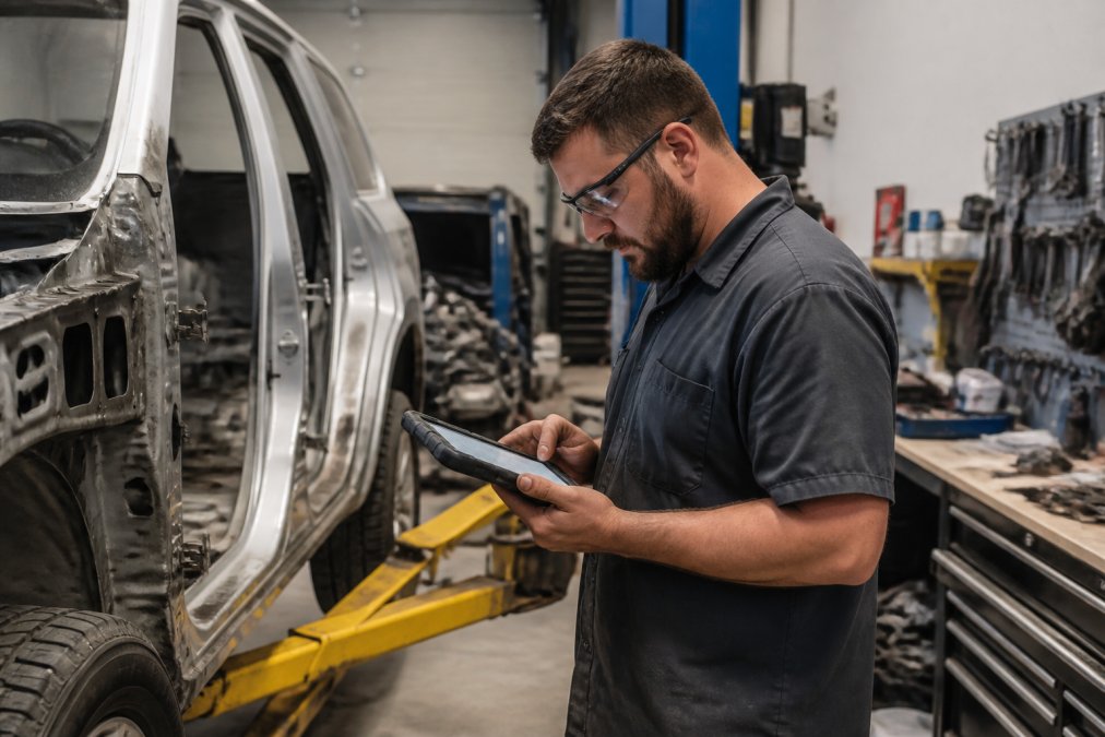Technician using collision repair technology to review OEM procedures on a tablet beside a disassembled vehicle