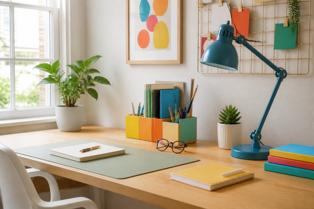 Bright, modern home office desk setup with colorful desk accessories including a sage green desk pad, vibrant stationery organizer, and blue task lamp, with natural light streaming through a window