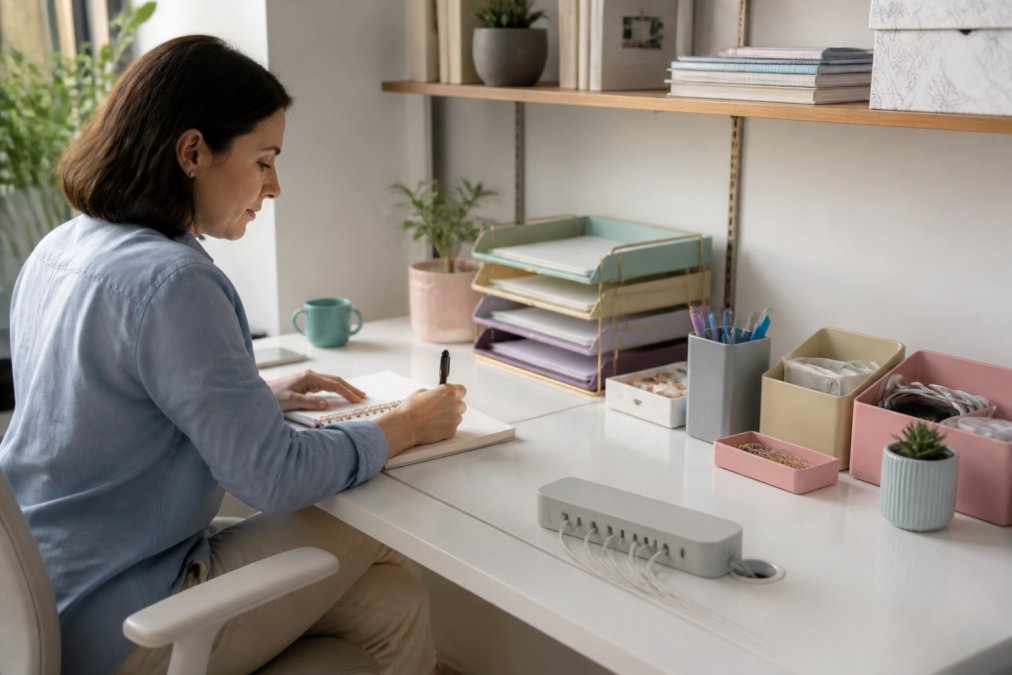 Close-up of a well-organized desk with color-coordinated storage trays, labeled containers, cable management solutions, and minimalist desk accessories arranged neatly