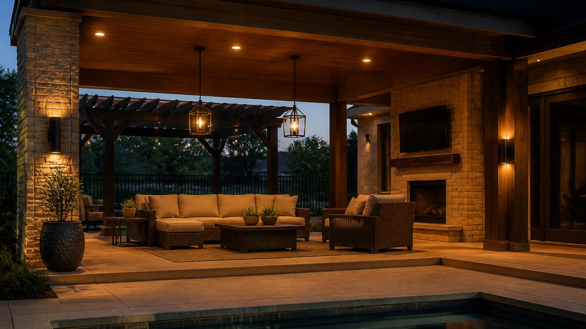 Modern covered patio ideas with lighting featuring warm recessed ceiling lights and stylish sconces at dusk.