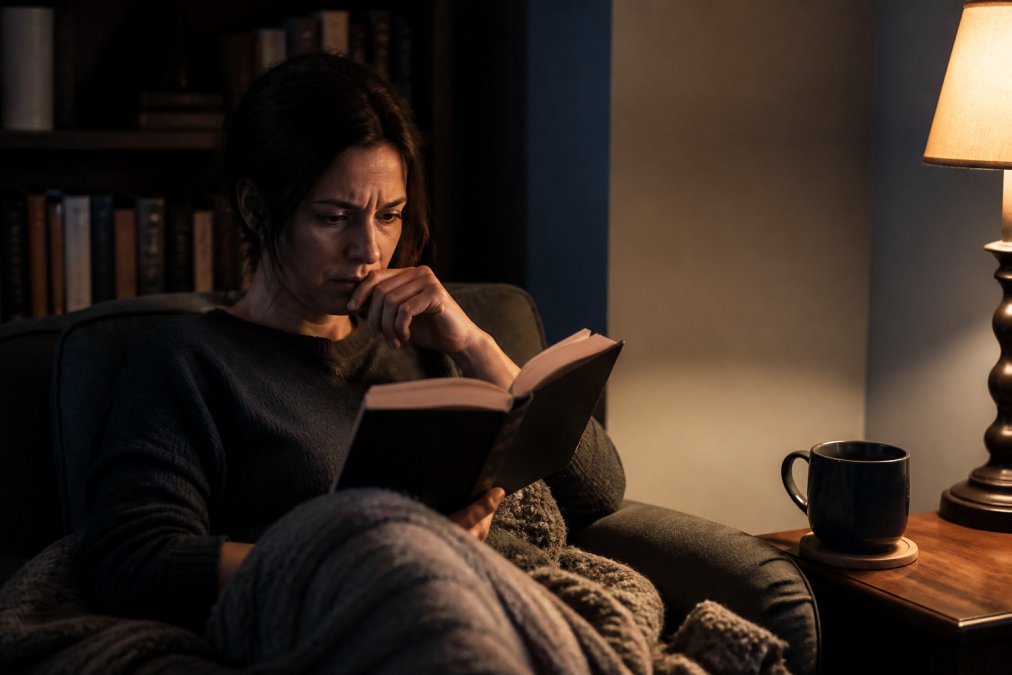 A woman in her thirties reading a psychological thriller novel in a dimly lit living room, a single lamp casting shadows, her expression tense and absorbed, a cup of tea beside her on a side table