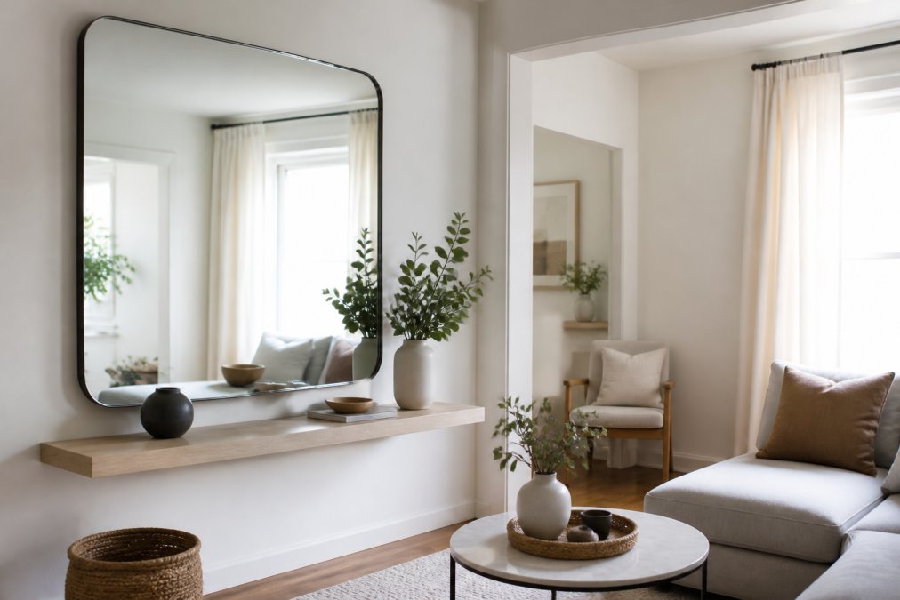 Compact living room with large mirror mounted above floating shelf, reflecting natural light and making the space appear twice as wide, with minimalist furniture and neutral color palette