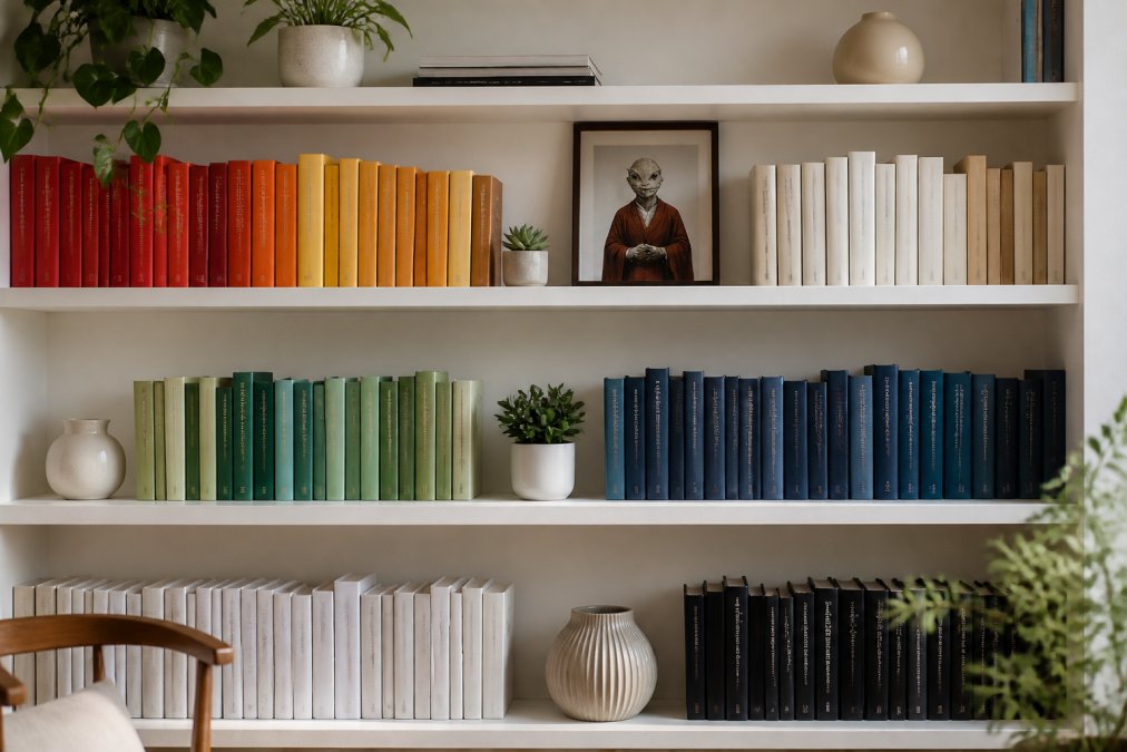 Modern minimalist bookshelf with books arranged by color gradient, interspersed with small potted plants, decorative ceramic objects, and a character art print displayed prominently among the volumes, photographed in natural window light