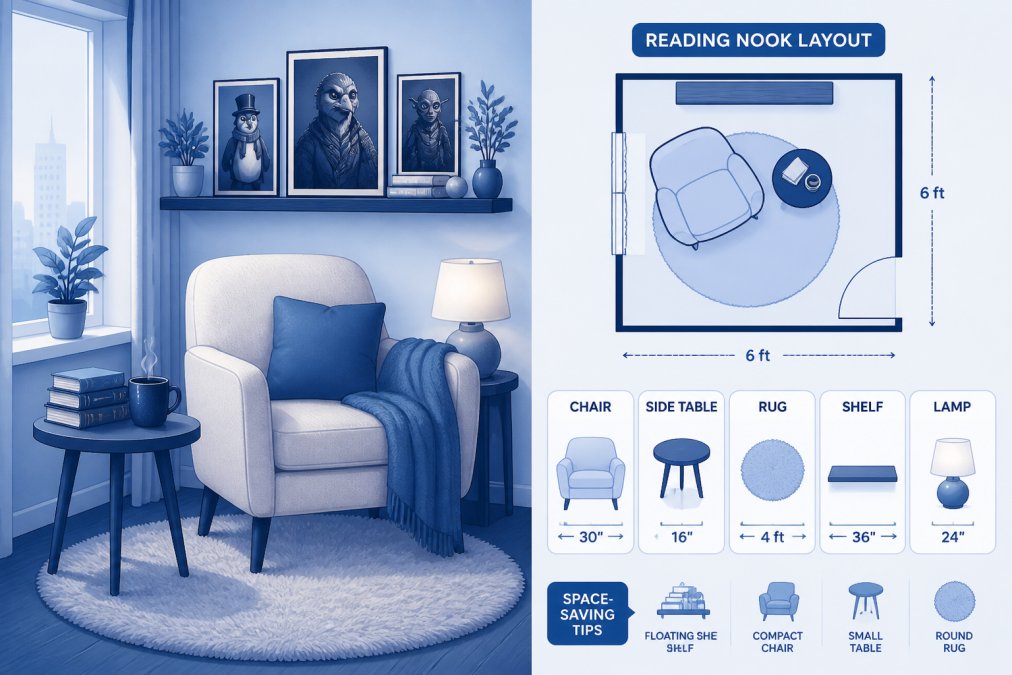 Intimate reading corner in small apartment featuring a cream upholstered armchair, natural light from nearby window, small side table holding a stack of books and warm mug, soft area rug, floating wooden shelf above displaying character art posters and decorative objects, warm ambient lighting from table lamp