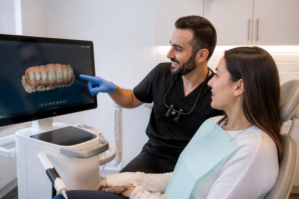 A dentist and adult patient reviewing a 3D digital scan of teeth on a large chairside monitor in a bright, modern dental office