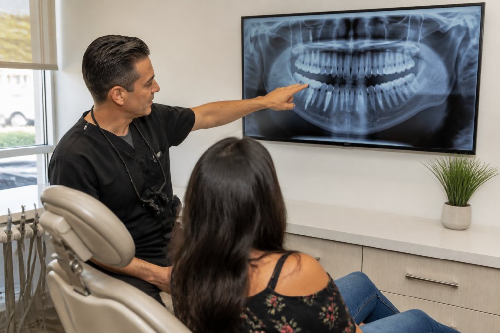 A dentist in a modern office pointing to a detailed 3D dental scan displayed on a large monitor, while a patient in the chair looks on