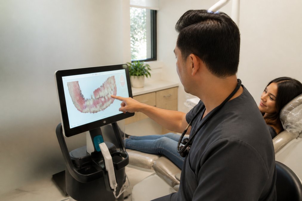 Dentist reviewing detailed digital scan images on a chairside monitor with patient visible in the background, showing real-time visualization during treatment consultation in a modern operatory