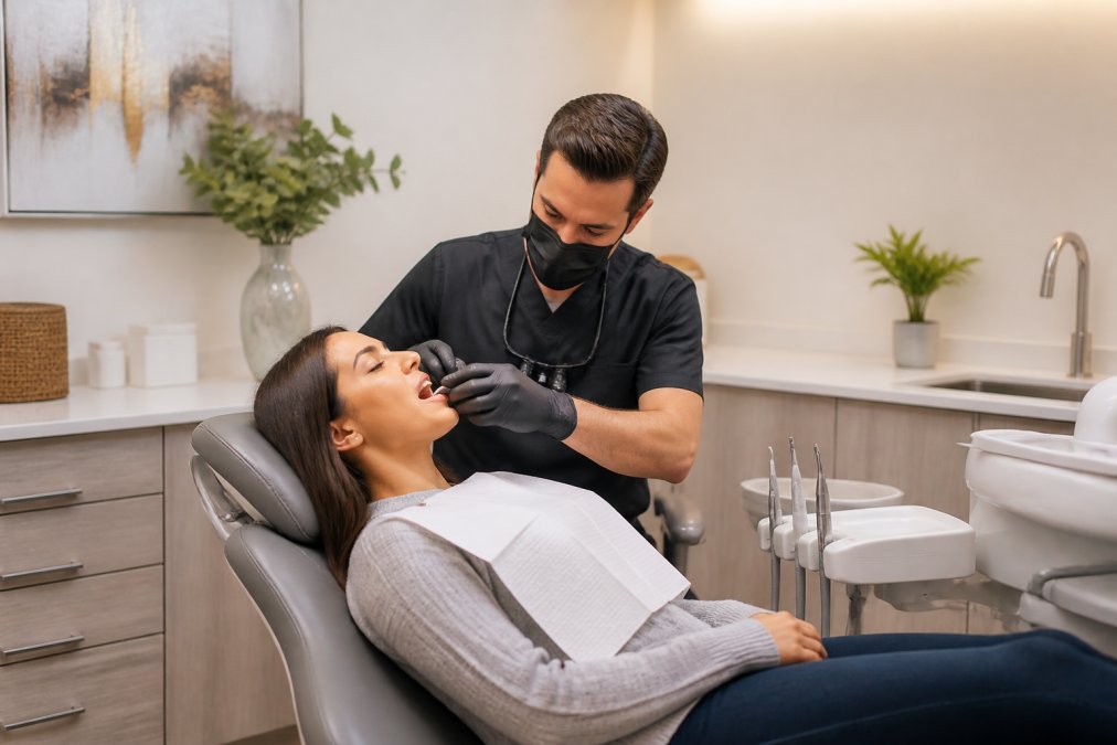 Calm, welcoming dental operatory with soft ambient lighting, comfortable patient chair, and relaxed patient receiving gentle treatment with dentist's hands positioned carefully for precision and comfort