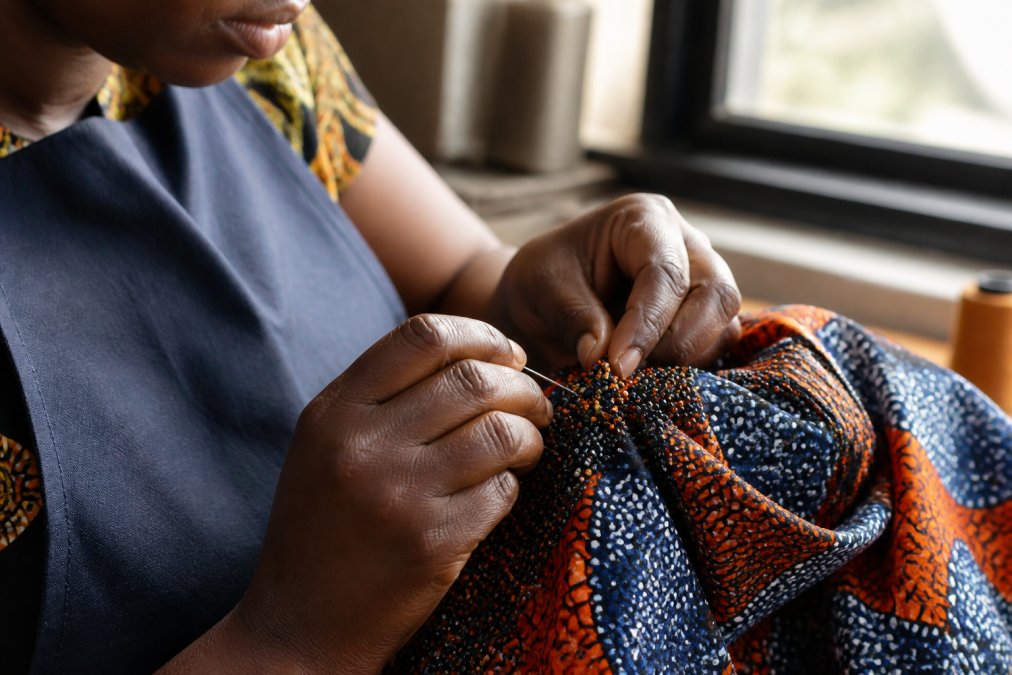 Female artisan hands carefully hand-stitching intricate beadwork onto vibrant indigo and orange African print fabric, close-up showing needle detail and textile texture under natural daylight from studio window