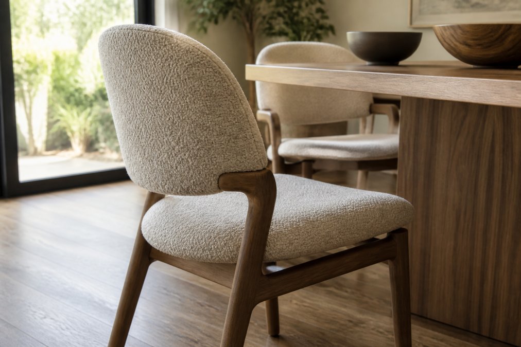 Close-up of a richly upholstered dining chair in soft bouclé fabric with a sculpted walnut frame, set against a warm, naturally lit dining room with a wood table