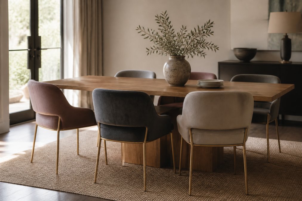 A styled dining room featuring a mix of modern velvet dining chairs in muted tones around a solid wood dining table, with warm ambient lighting and minimal decor