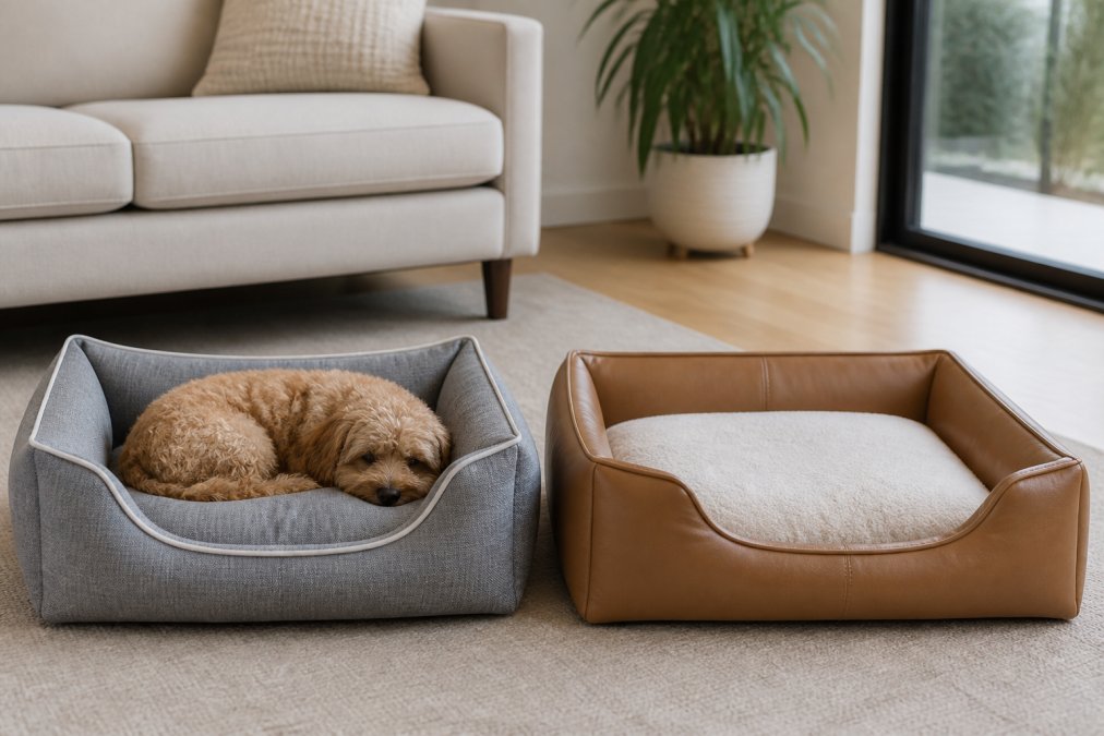 A bright, modern living room with a stylish dog bed matching the neutral decor. A small dog is curled up comfortably on the bed.