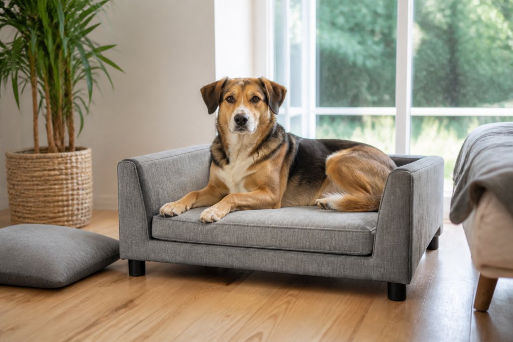 A medium-sized dog relaxing on a modern grey elevated sofa bed in a minimalist living room with natural light streaming through large windows, showing how the furniture integrates seamlessly with home decor