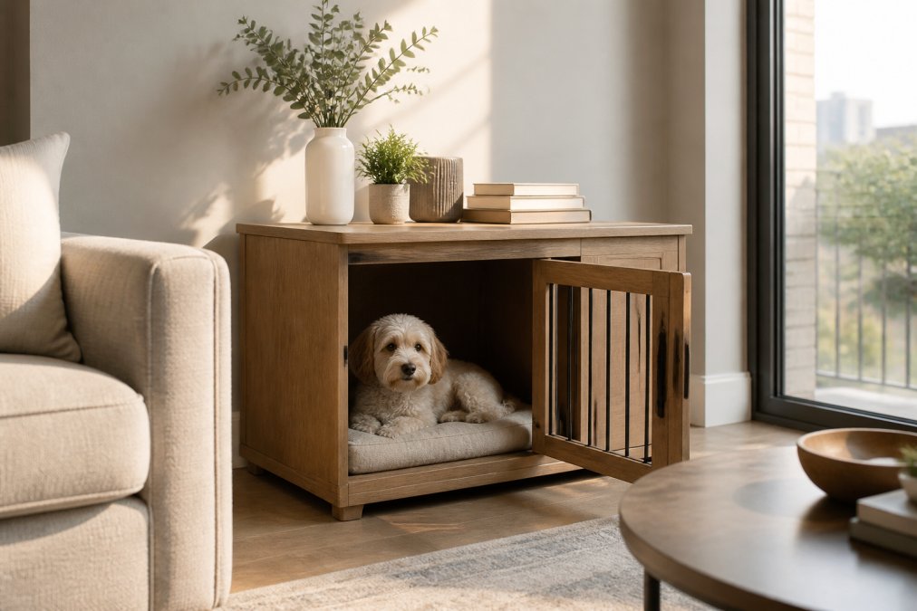 Light-filled modern apartment living room with a sleek natural wood furniture-style dog crate positioned against a wall as a side table, a small dog visible resting inside through the open door, decorative plants and books arranged on top, soft afternoon sunlight streaming through windows