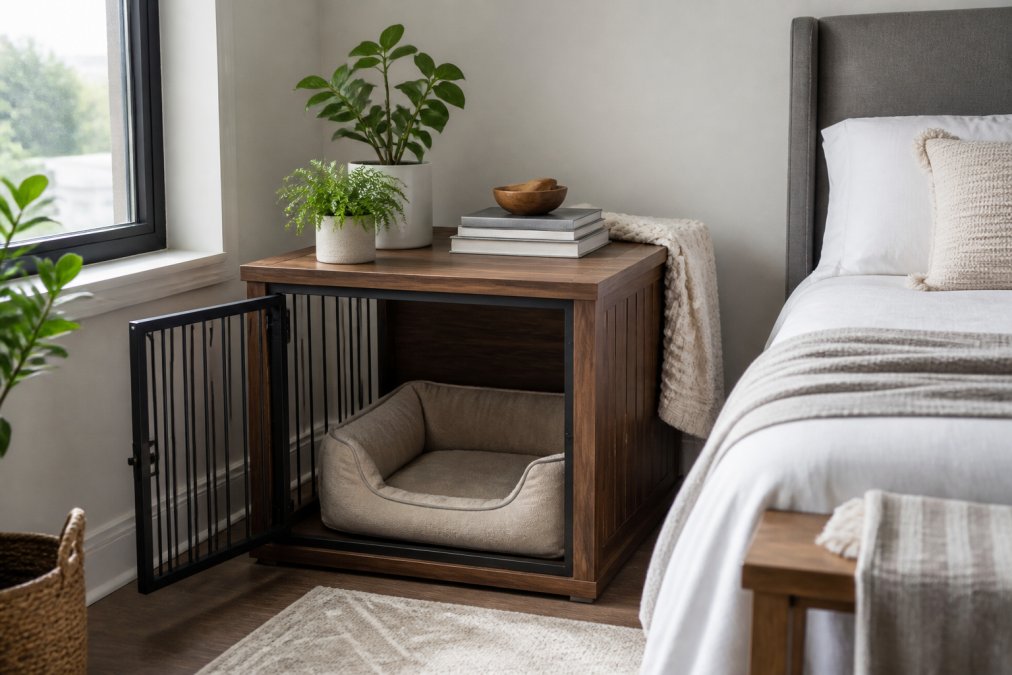 Contemporary apartment bedroom corner with a multi-functional wooden end table dog crate styled with potted plants on top, a stack of design books, soft throw blanket draped over the back, a cozy orthopedic pet bed visible inside the open door, natural light from a nearby window, seamlessly blending with modern furnishings and neutral wall color