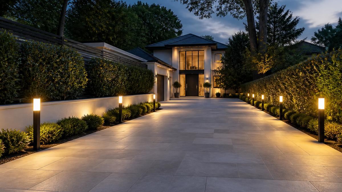 Sleek LED bollard lights lining a modern porcelain driveway at dusk, providing stylish driveway lighting ideas.