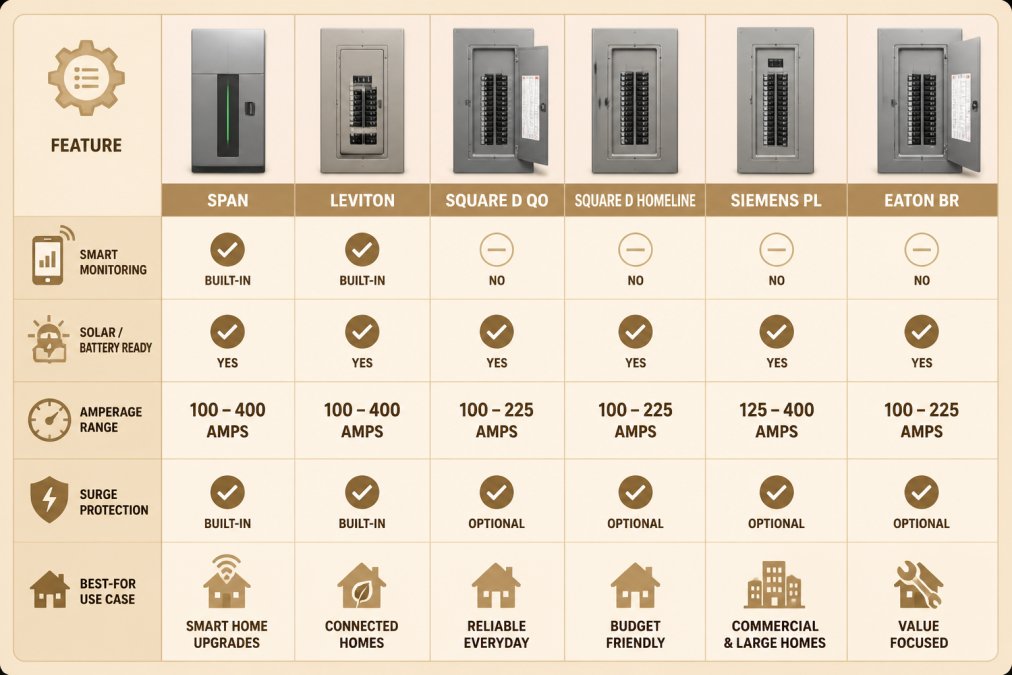Feature comparison matrix of six panels (SPAN, Leviton, Square D QO, Square D Homeline, Siemens PL, Eaton BR) across columns for smart monitoring, solar/battery ready, amperage range, surge protection, and best-for use case